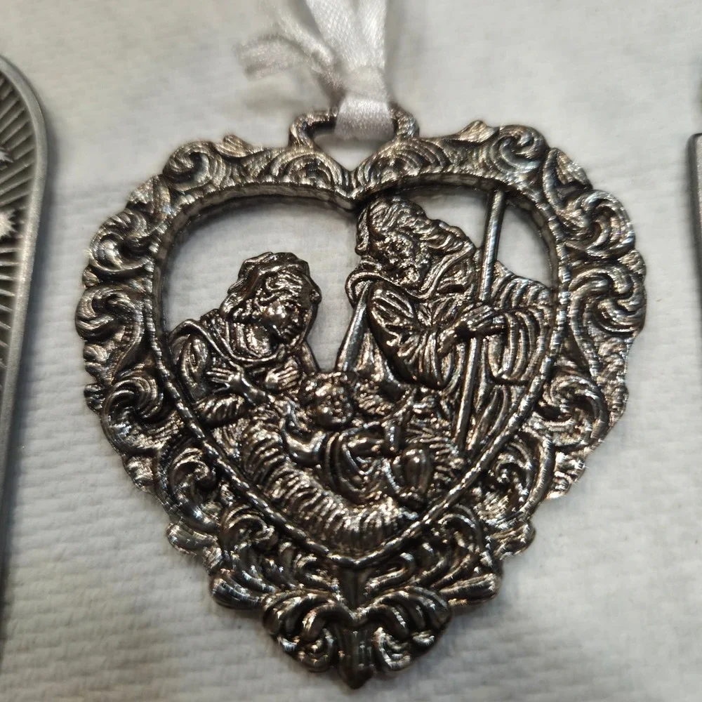 Religious Pewter Metal Christmas Ornaments Set Nativity Holy Family Jesus 3pc